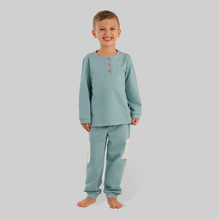 Blue Checkered button jogger set